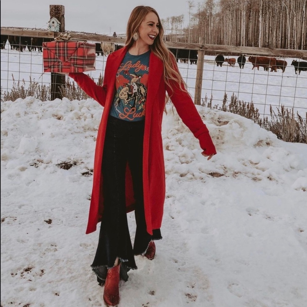 Red long line pea coat